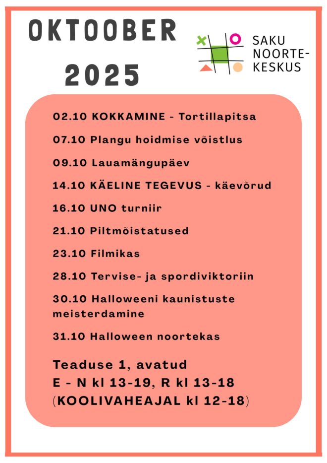 Tegevused Saku Noortekeskuses oktoobrikuus