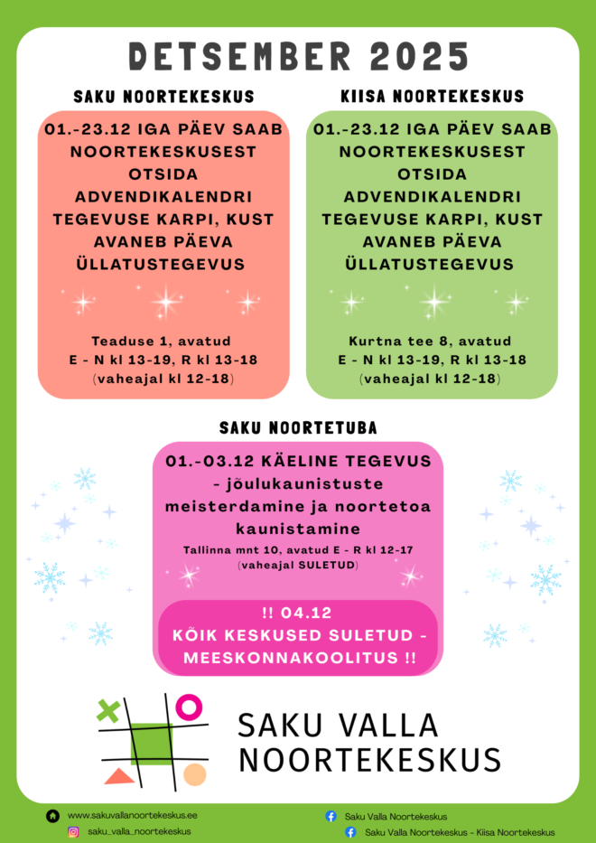 Tegevused Saku Valla Noortekeskuses detsembrikuus