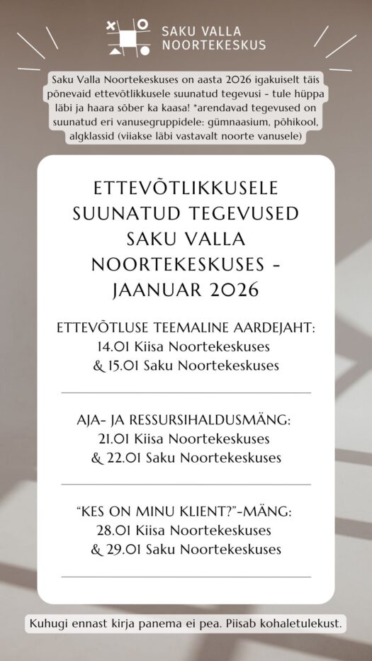 ETTEVÕTLIKUD tegevused NOORTEKESKUSTES – jaanuar