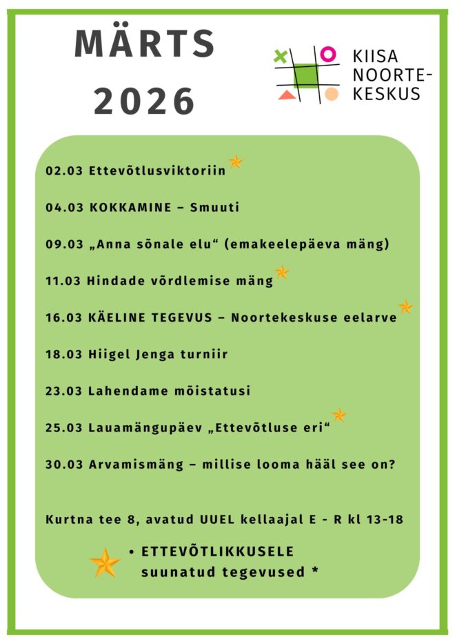 Tegevused Kiisa Noortekeskuses märtsikuus