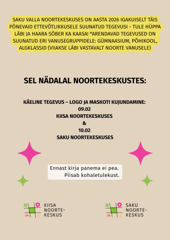 KÄELINE TEGEVUS – Logo ja maskoti kujundamine (ETTEVÕTLIK tegevus noortekeskuses*)