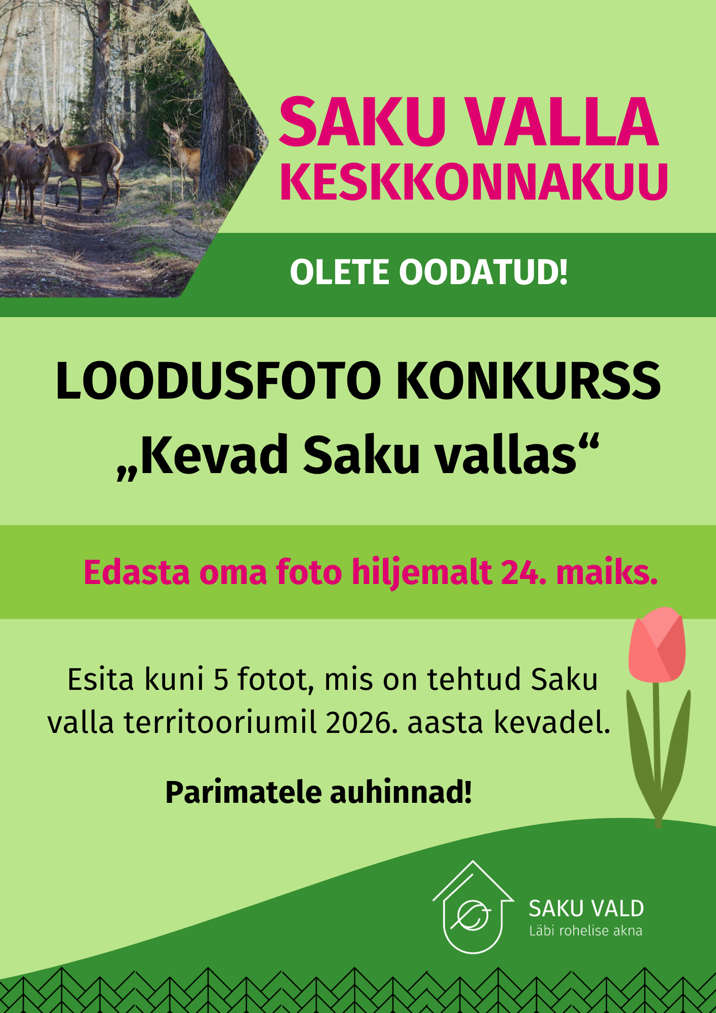 Saku valla keskkonnakuu raames toimub traditsiooniline fotokonkurss! Märka kohalikku loodust ja jaga oma parimaid loodusfotosid. Fotod palume saata hiljemalt 24