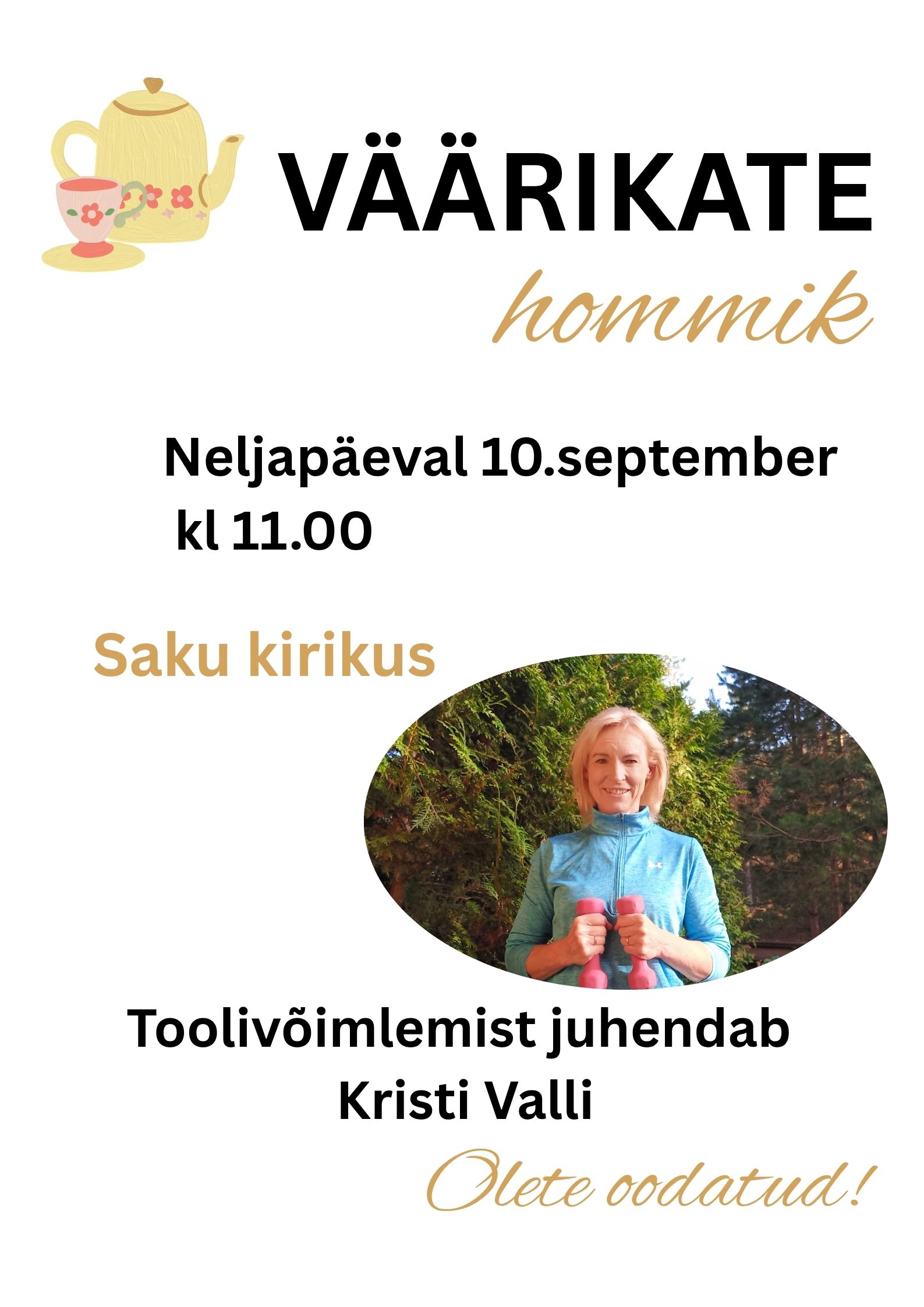 Väärikate hommikul tuleb külla Kristi Valli ja juhendab toolivõimlemist. Kaetud on teelaud. Tere tulemast!
The post Väärikate hommik Saku kirikus appeared first